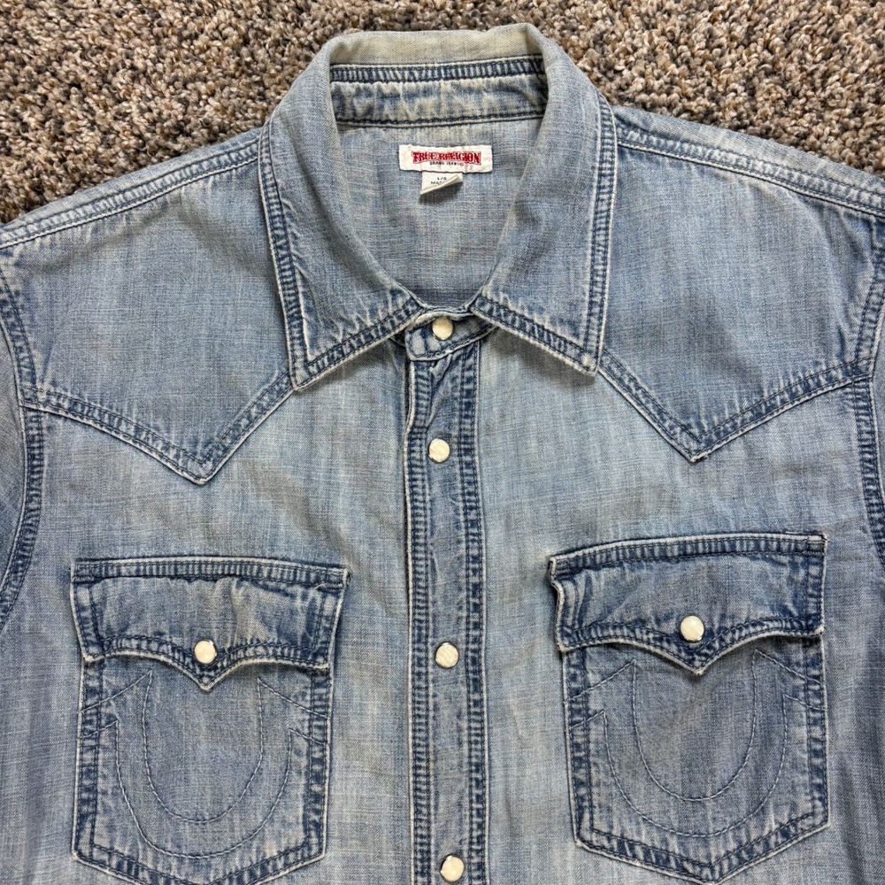 True Religion Men's Large Light Wash Denim Western Short Sleeve Pearl Snap Shirt